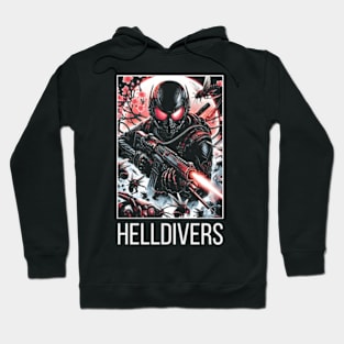 dynamic composition of Helldivers fighting against a swarm of insect-like aliens - fantasy Hoodie